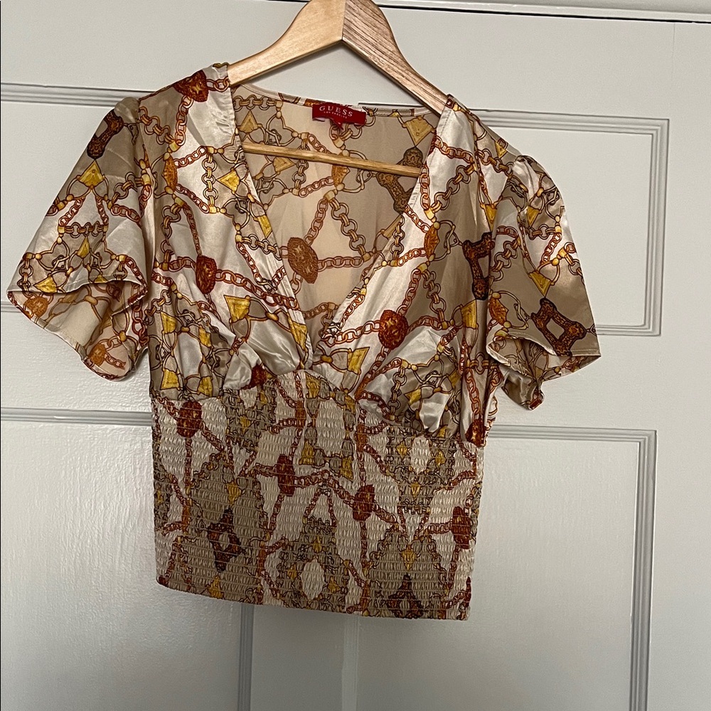 Guess Blouse Chain Pattern - Cream and Brown Preowned